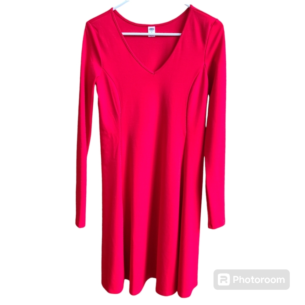 Old Navy Long Sleeve V-Neck‎ A-Line Knit Dress Womens Small Red Pullover …